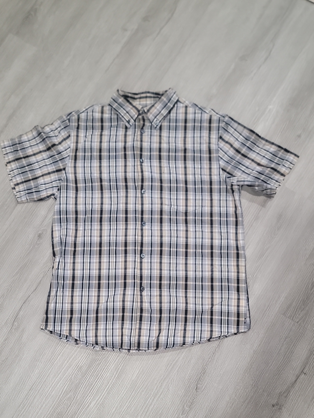 Merona White, Gray, Black and Tan Short-Sleeve Plaid Button-Down Shirt